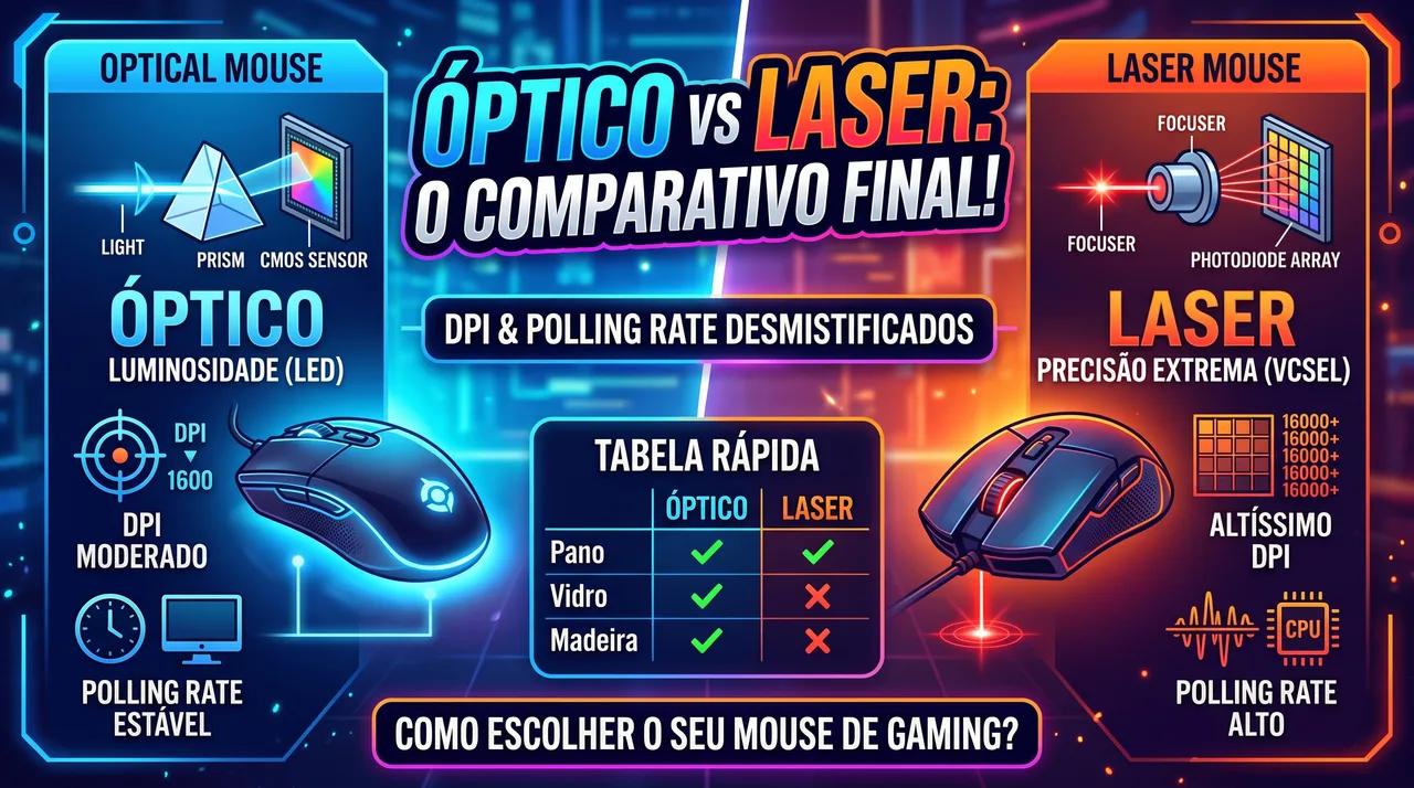 Mouse Óptico x Laser: DPI, Polling Rate e Como Escolher